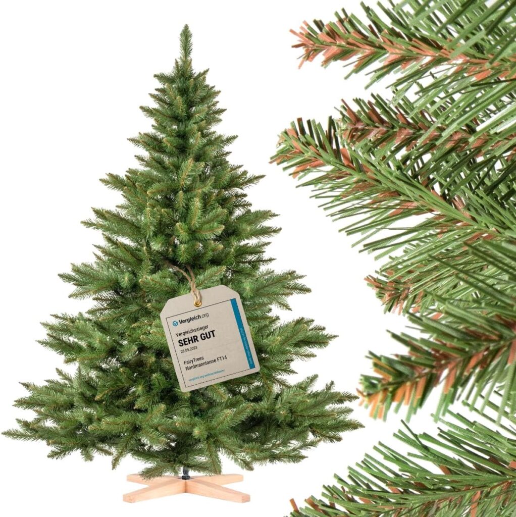 FairyTrees Künstlicher Weihnachtsbaum - 180 cm - Nordmanntanne - Christbaum - Holzständer - verschiedene Größen - schwer entflammbar