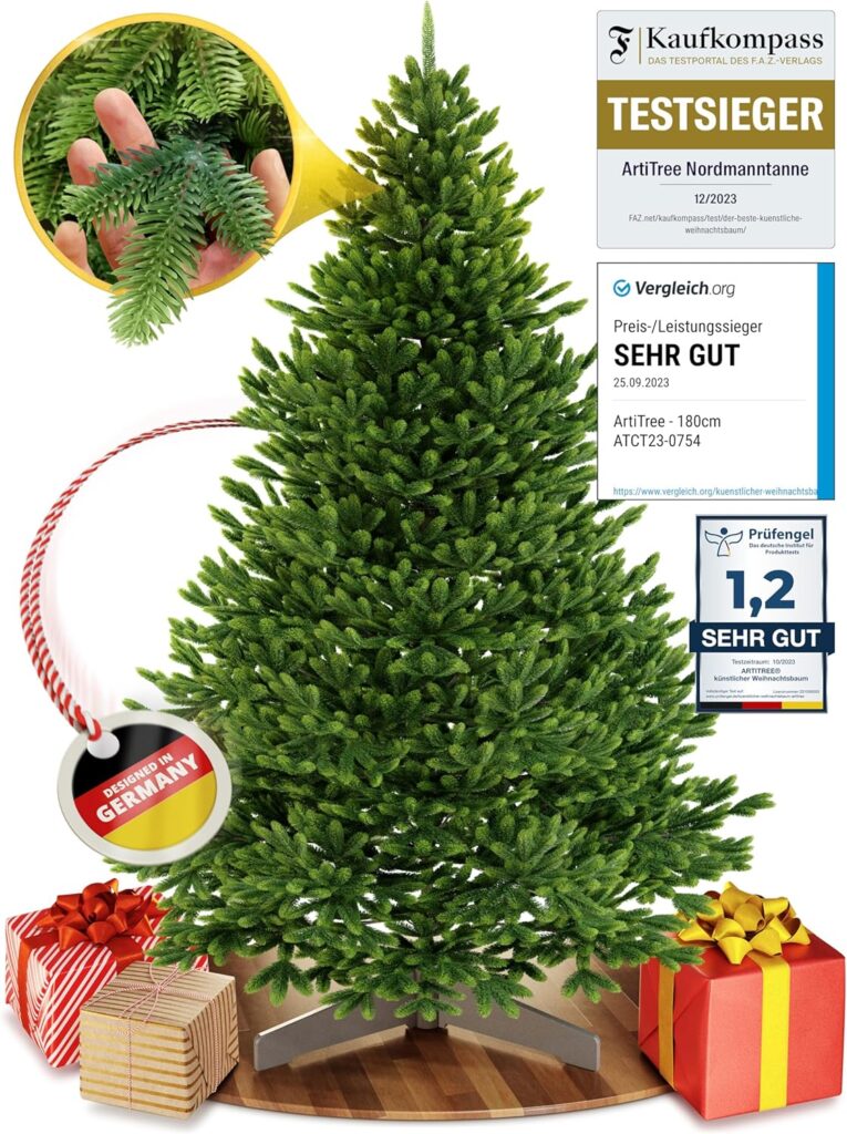 ArtiTree Künstlicher Weihnachtsbaum 180cm - Spritzguss - Holzständer - Einfach und sicher - schwer entflammbar